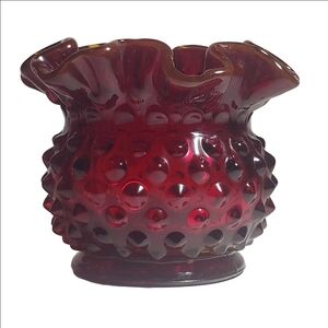 Vintage FENTON Ruby Red Amberina Hobnail Rose Bowl Ruffled Edge Vase Art Glass
